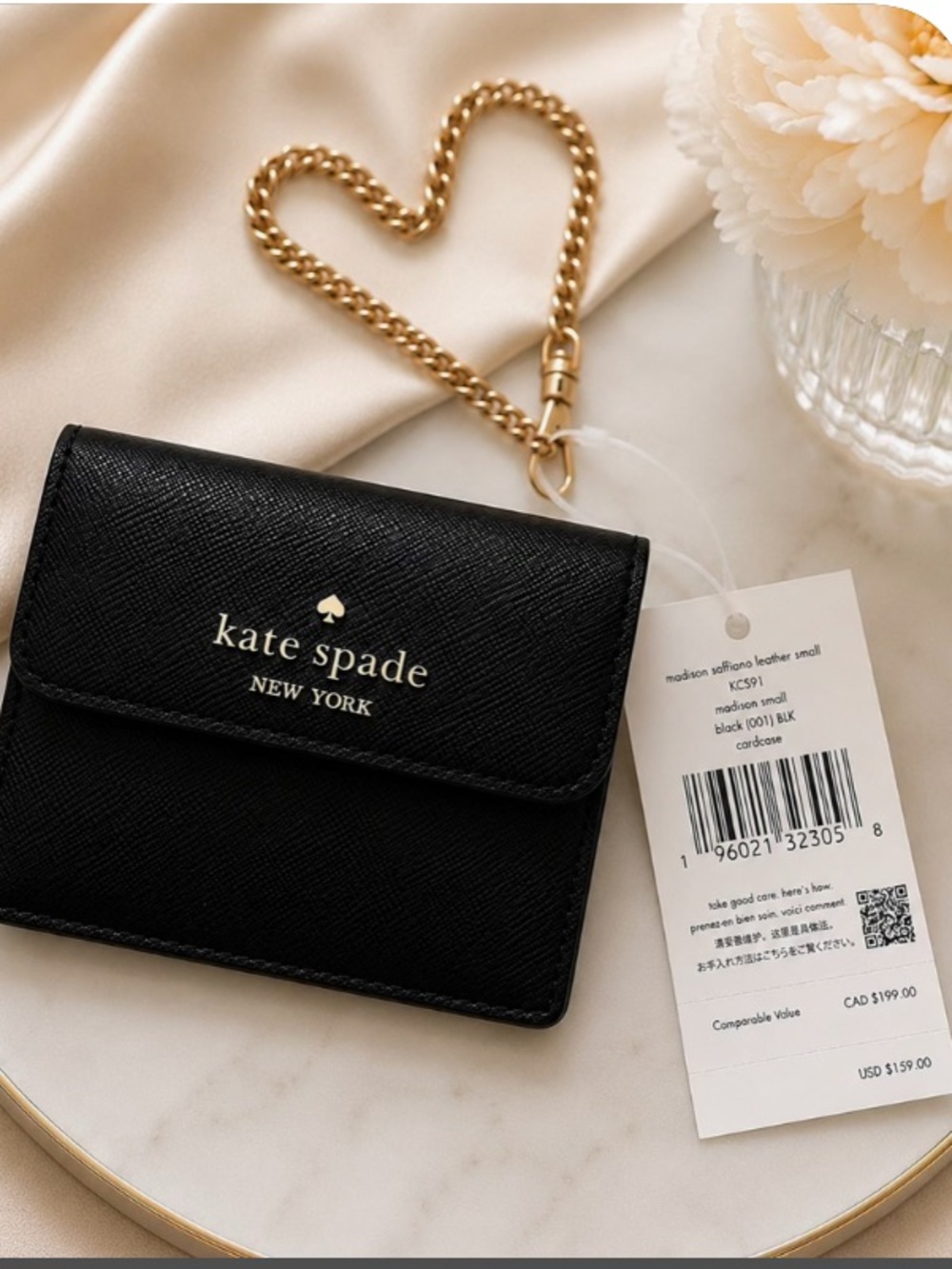 kate spade Black Leather Card & Key Holder with Gold Chain Accent NWT